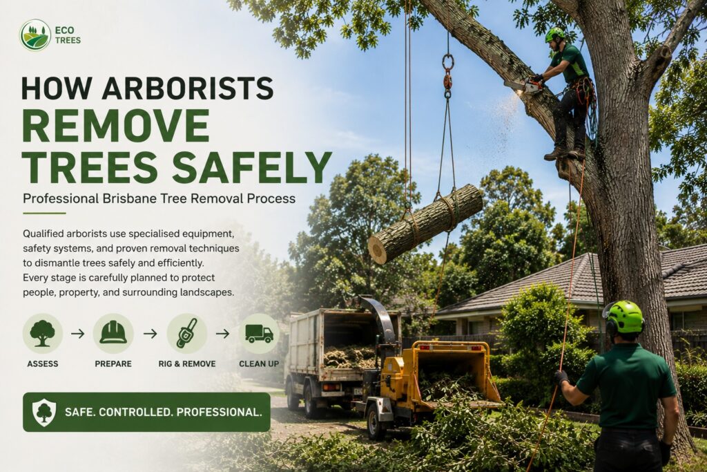 Arborist safely removing a tree using controlled rigging in Brisbane