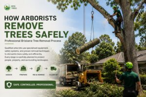 Arborist safely removing a tree using controlled rigging in Brisbane